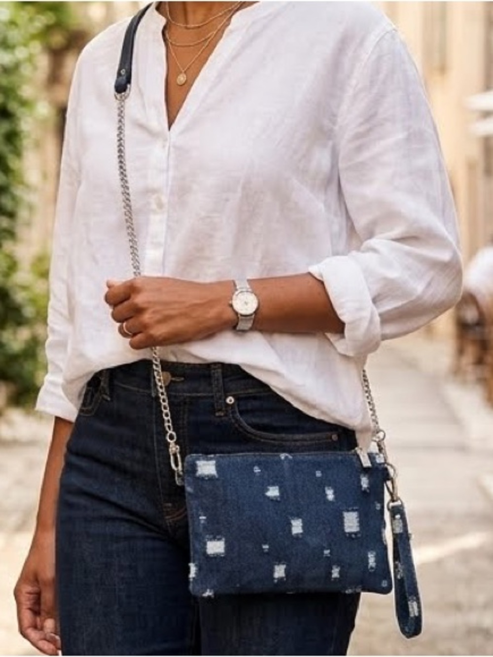 Bari Lynn Crossbody Wristlet Bag distressed denim Blue Silver Chain casual NWT